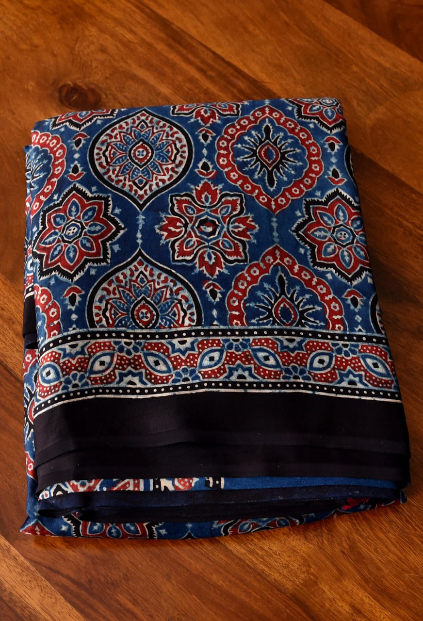 Blue Ajrakh Printed Soft Gaji Silk Natural Print Saree