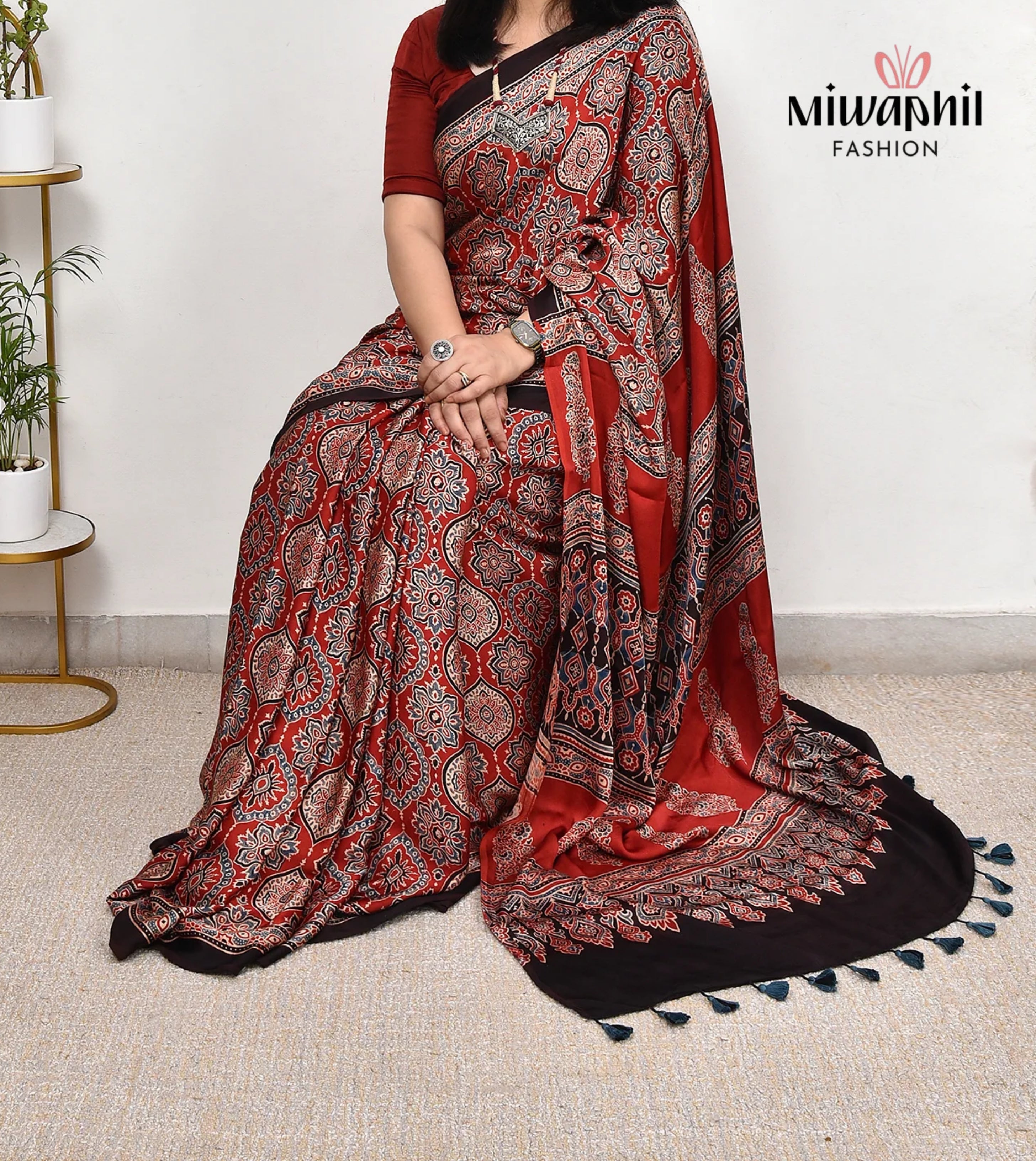 Red Ajrakh Printed Soft Gaji Silk Natural Print Saree