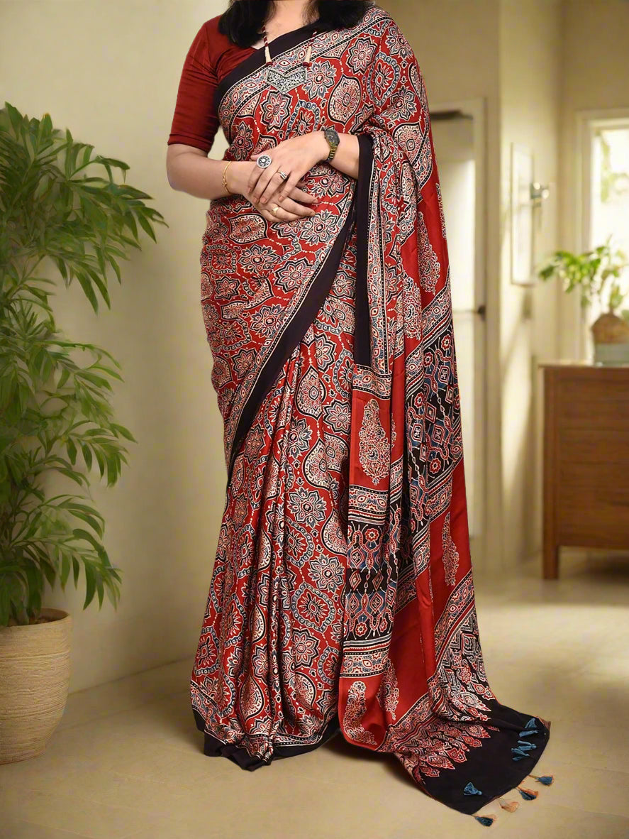 Red Ajrakh Printed Soft Gaji Silk Natural Print Saree