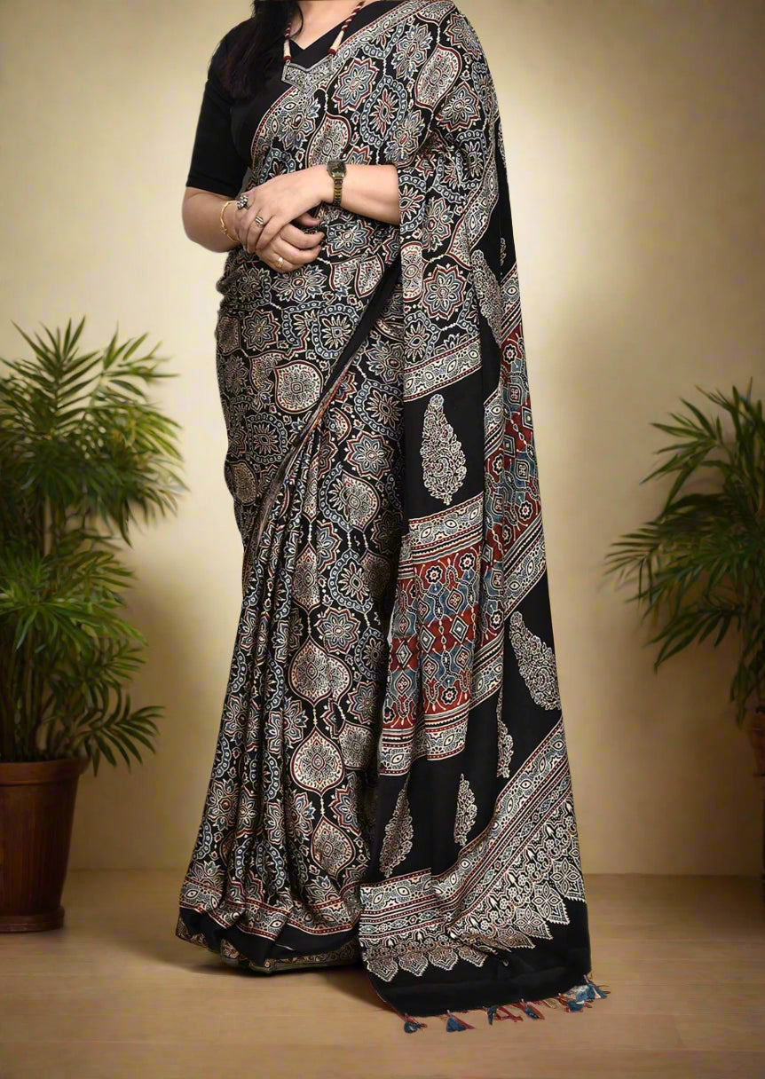 Black Ajrakh Printed Soft Gaji Silk Natural Print Saree