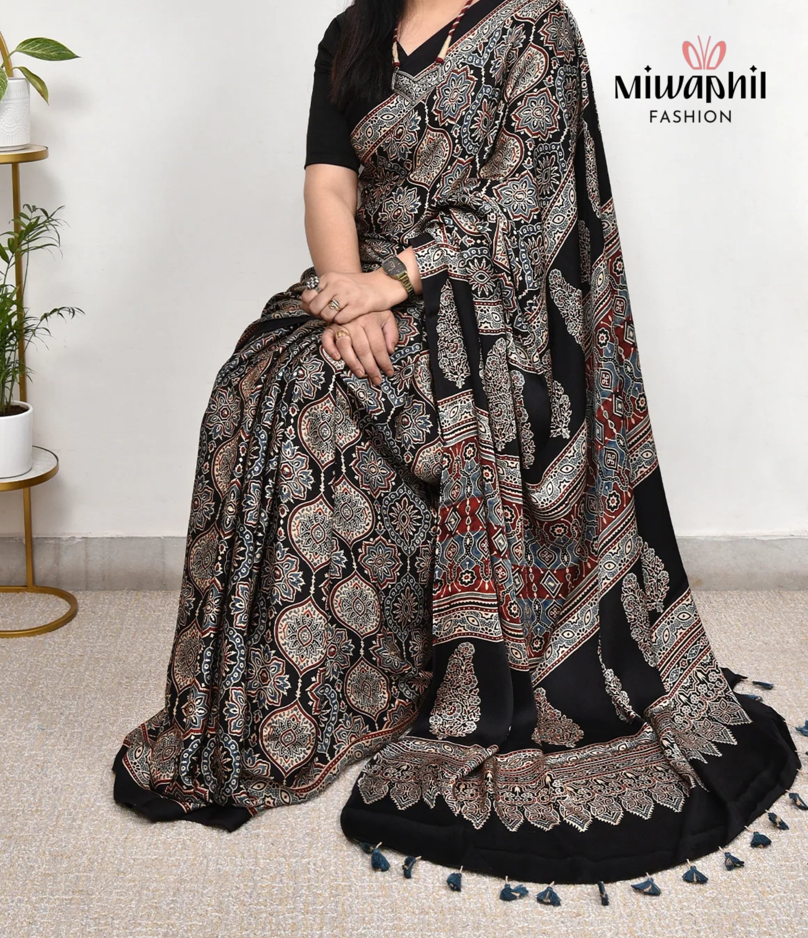 Black Ajrakh Printed Soft Gaji Silk Natural Print Saree