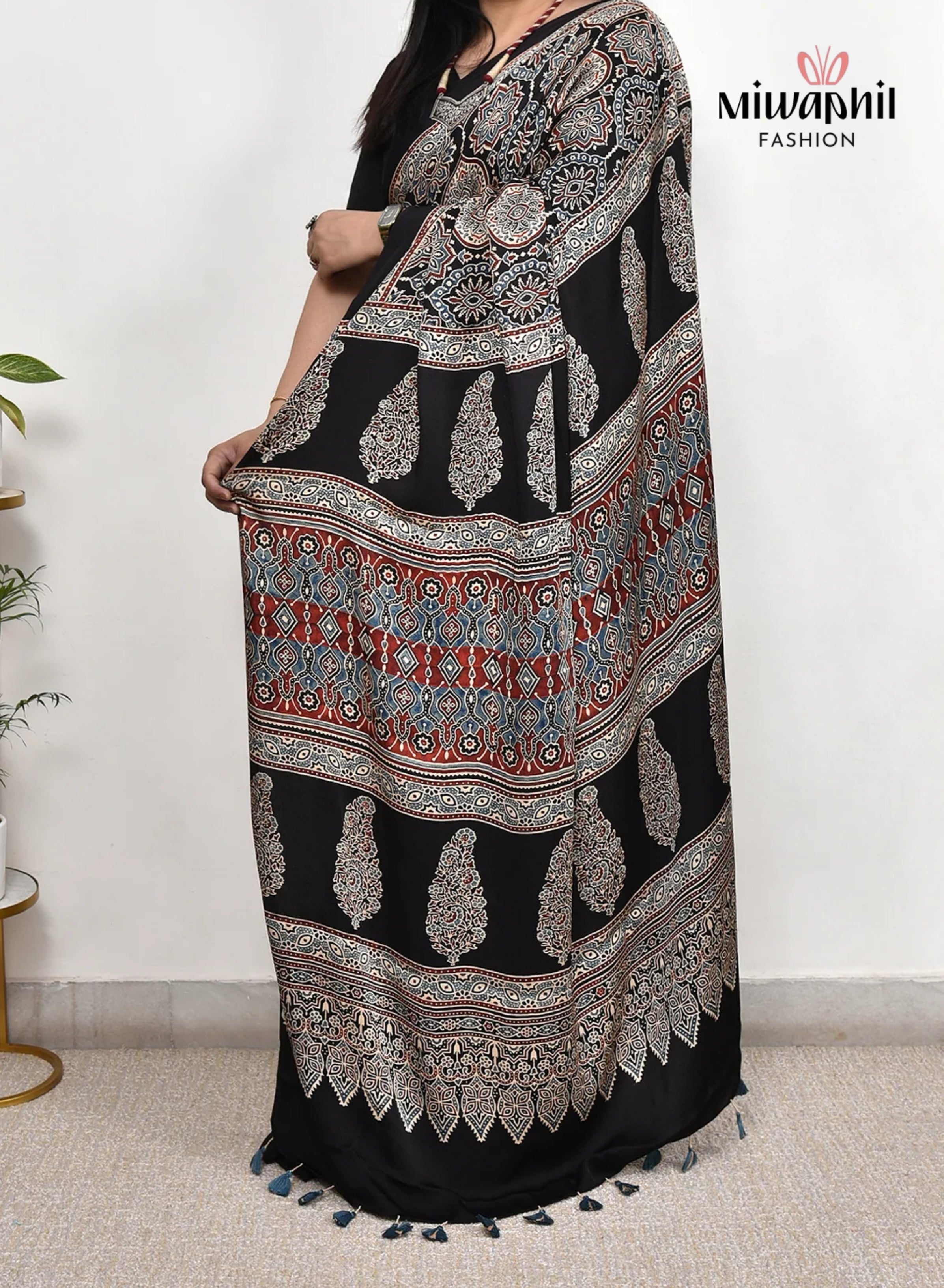 Black Ajrakh Printed Soft Gaji Silk Natural Print Saree