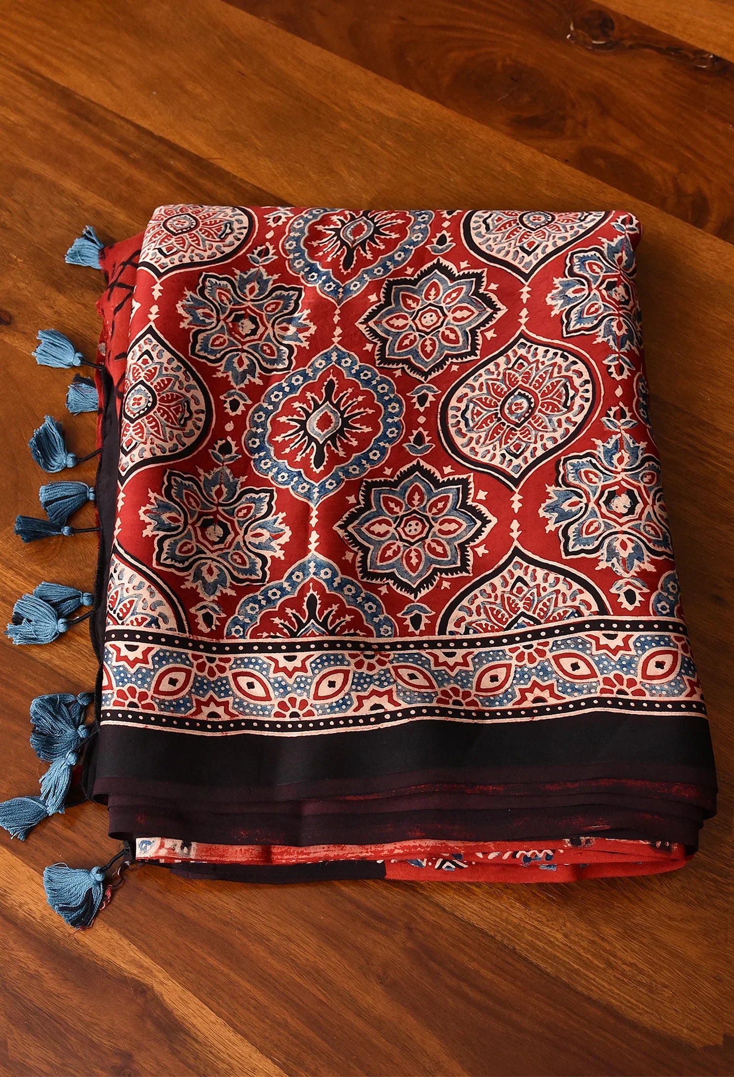 Red Ajrakh Printed Soft Gaji Silk Natural Print Saree