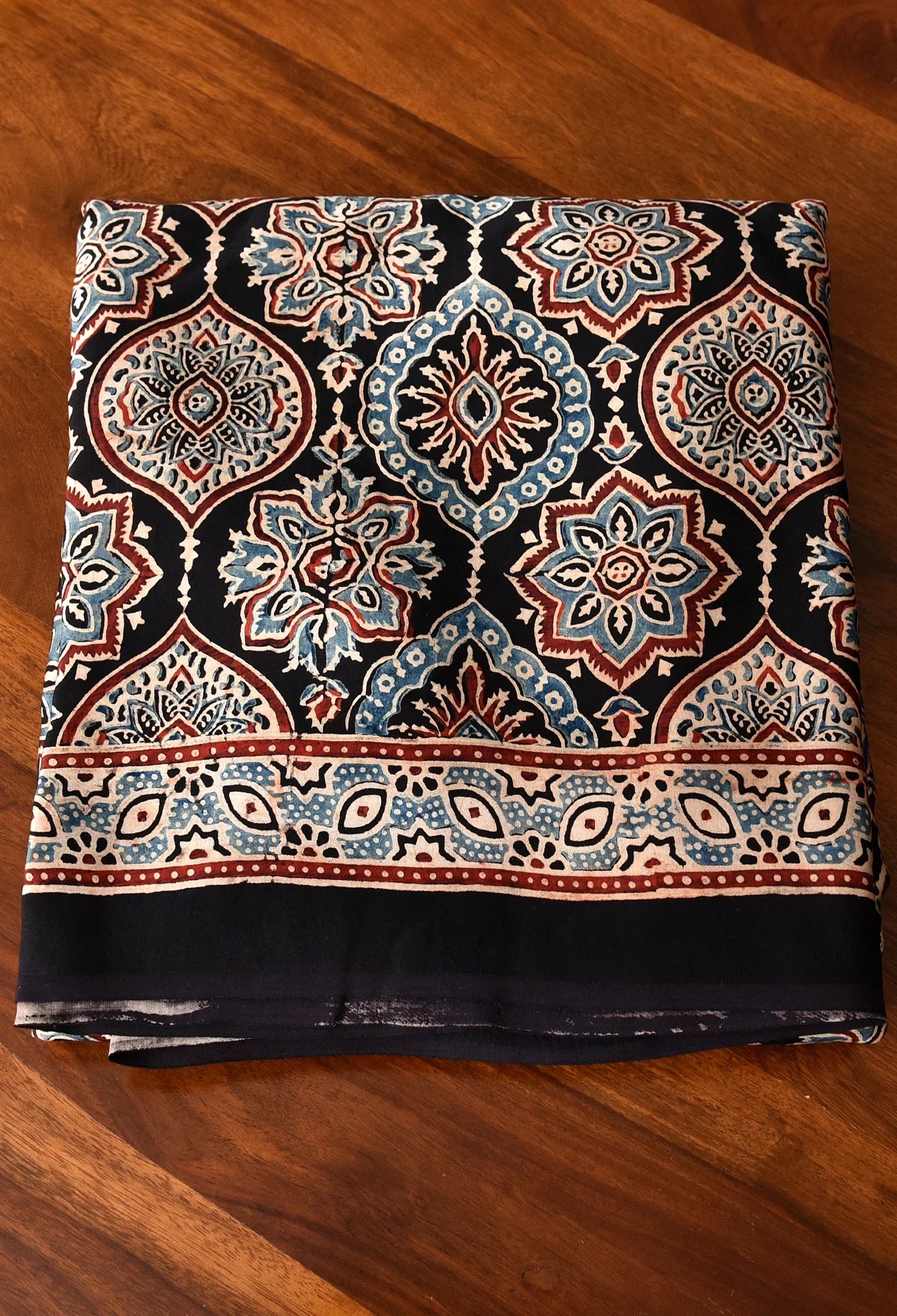 Black Ajrakh Printed Soft Gaji Silk Natural Print Saree