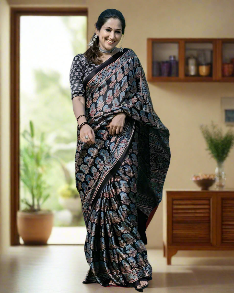 Black Ajrakh Primum Modal Silk Saree With Blouse