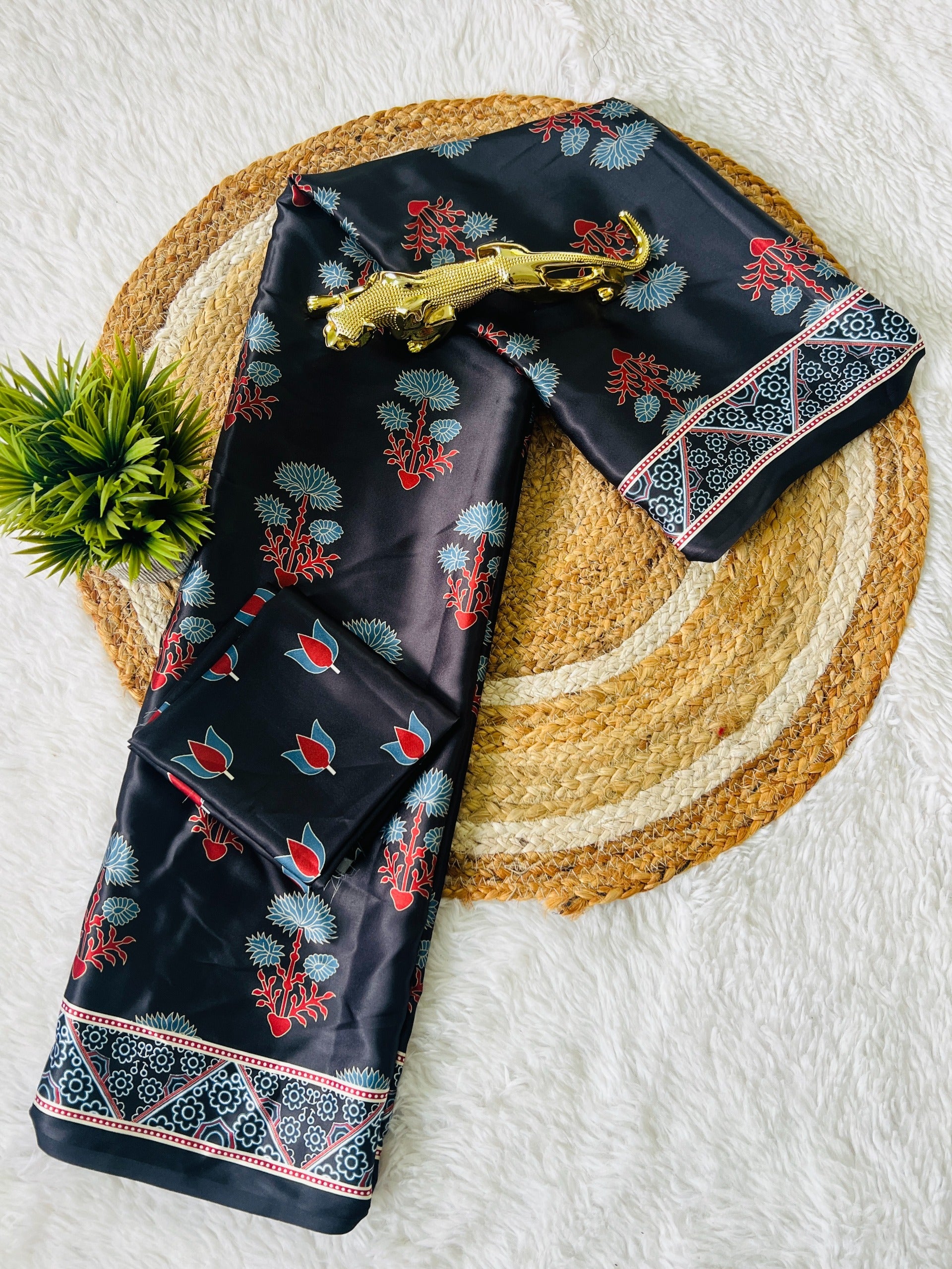 Black Ajrakh Primum Modal Silk Saree With Blouse