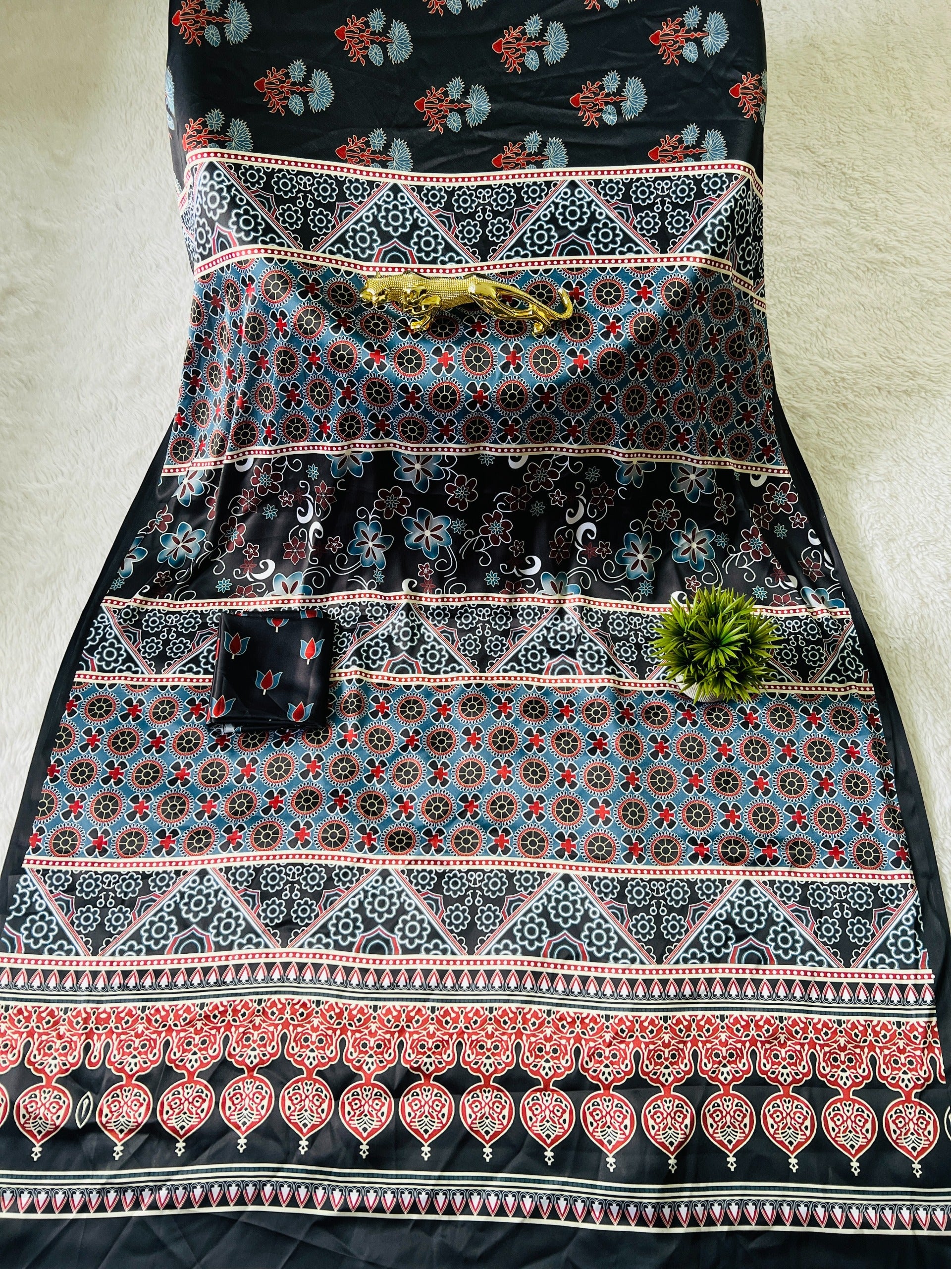 Black Ajrakh Primum Modal Silk Saree With Blouse