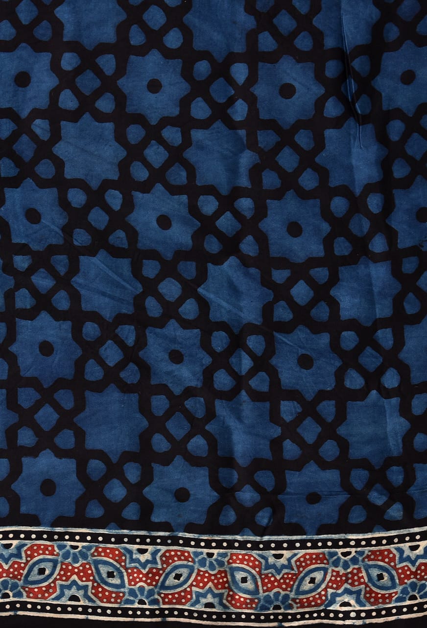 Blue Ajrakh Printed Soft Gaji Silk Natural Print Saree