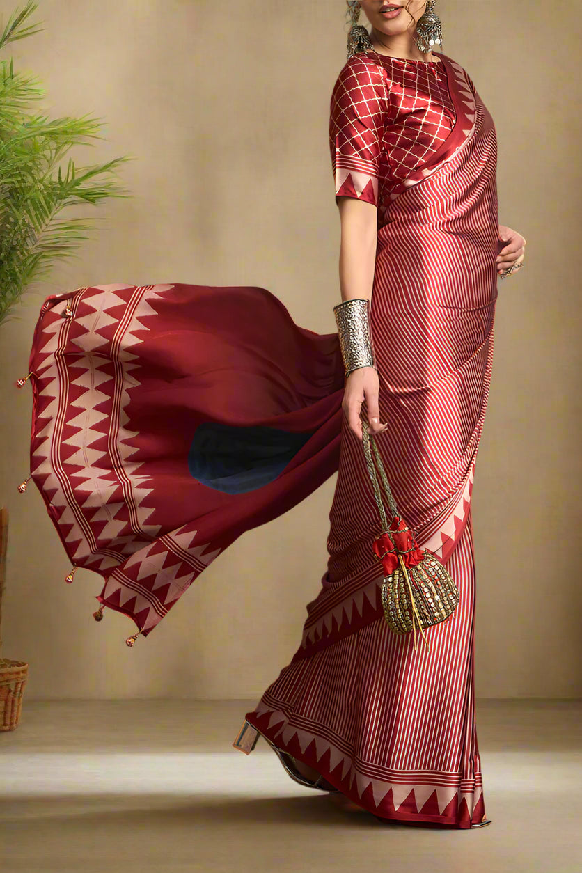 Brick Red Gaji Modal Silk Saree with Ajrakh Prints