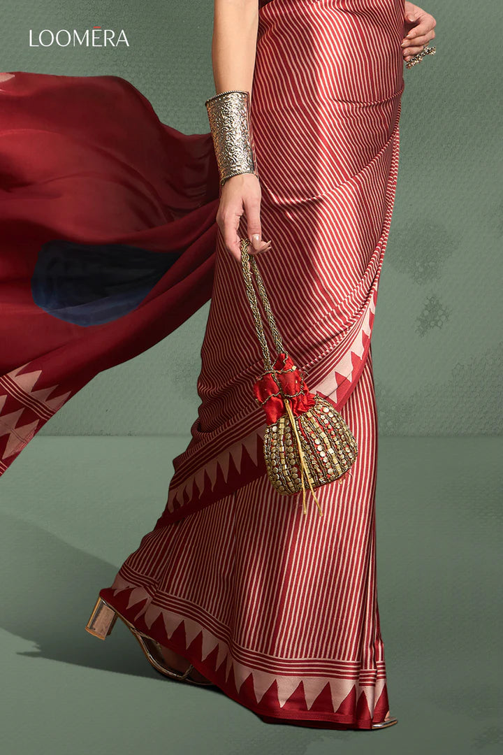 Brick Red Gaji Modal Silk Saree with Ajrakh Prints