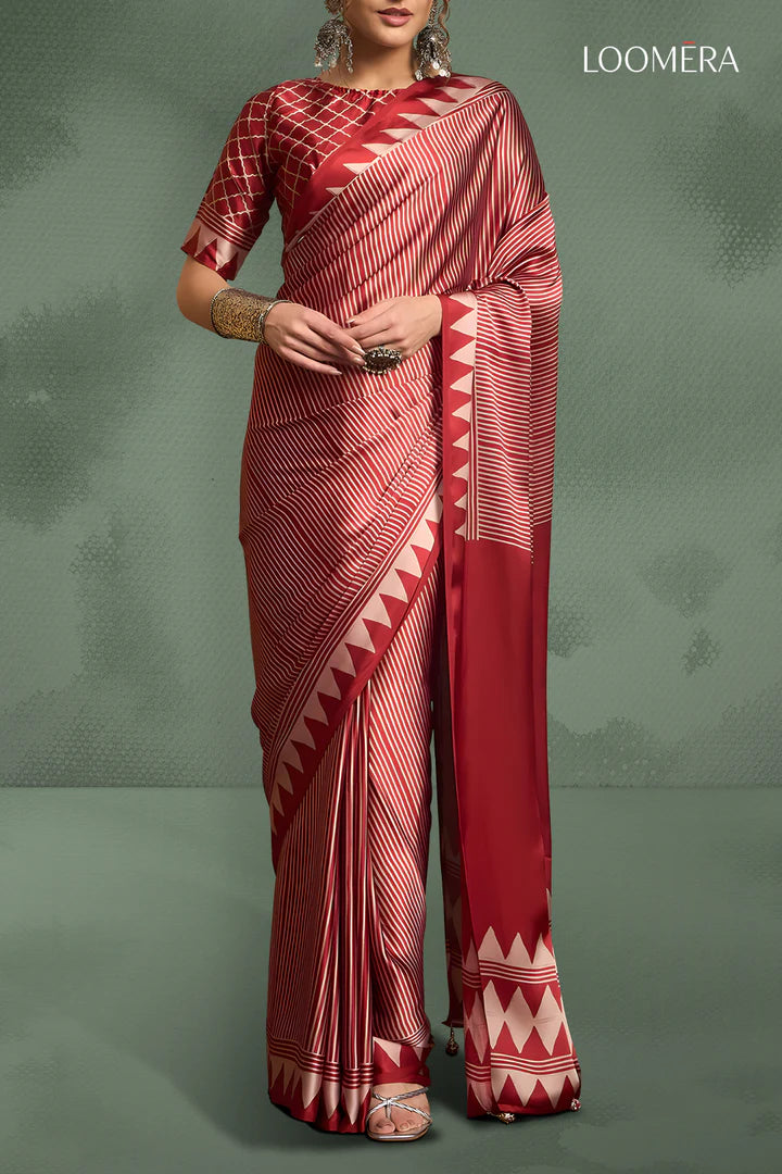 Brick Red Gaji Modal Silk Saree with Ajrakh Prints