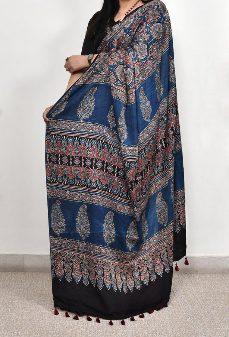 Blue Ajrakh Printed Soft Gaji Silk Natural Print Saree