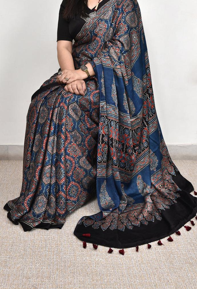 Blue Ajrakh Printed Soft Gaji Silk Natural Print Saree