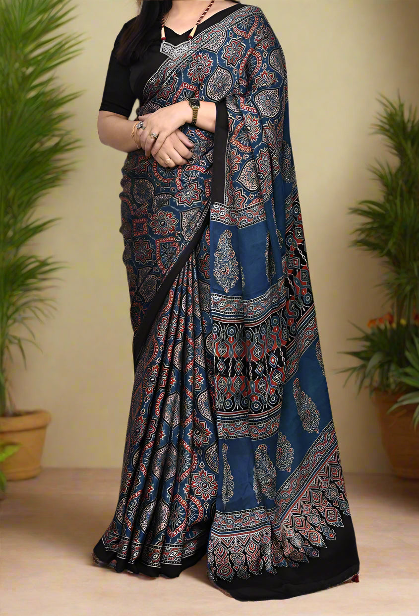 Blue Ajrakh Printed Soft Gaji Silk Natural Print Saree